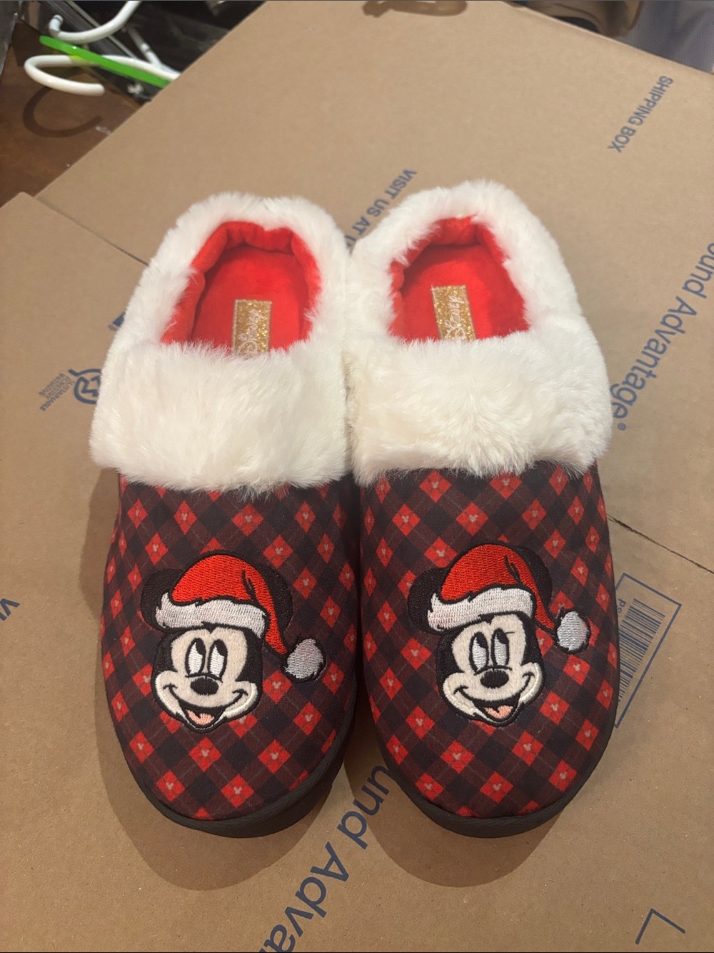 NWOT Disney Red Plaid Mickey Mouse Fuzzy Cuff Slippers